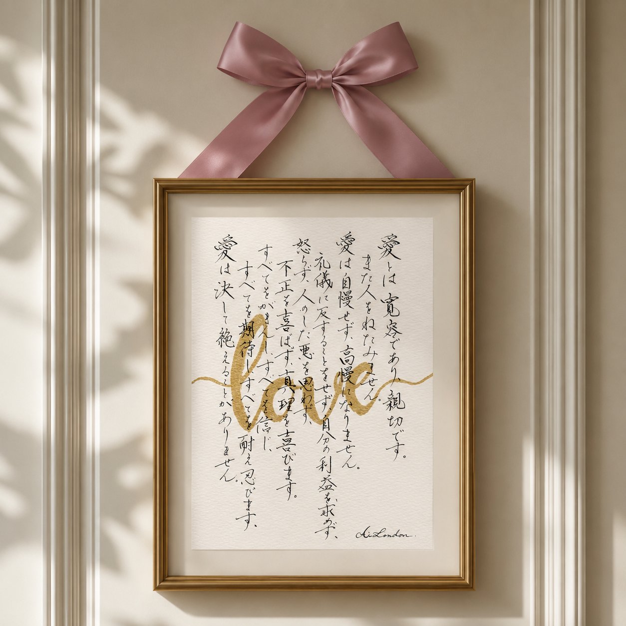 A scripture passage with gold-leaf Love